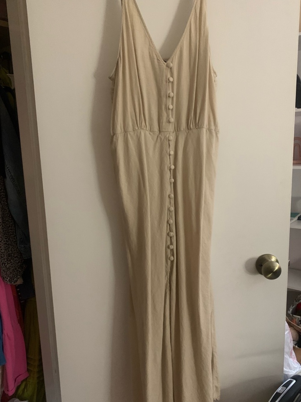 Beige Button-Front Maxi Dress with Spaghetti Straps